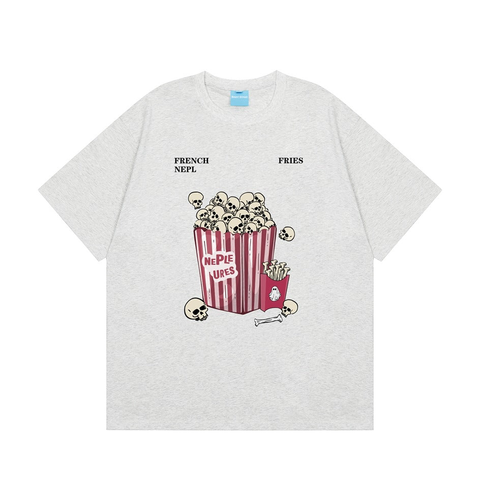Light heather gray short-sleeve T-shirt with a skull popcorn bucket and fries graphic, flat front view