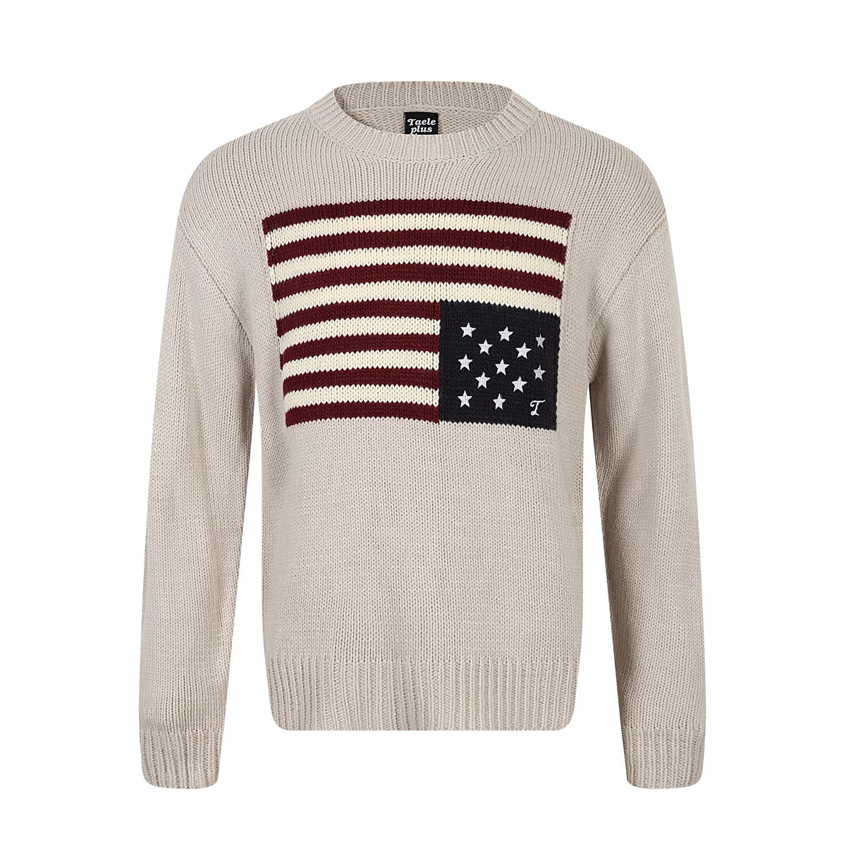 Off-white crewneck knit sweater with burgundy and cream striped flag motif and navy star panel on the chest