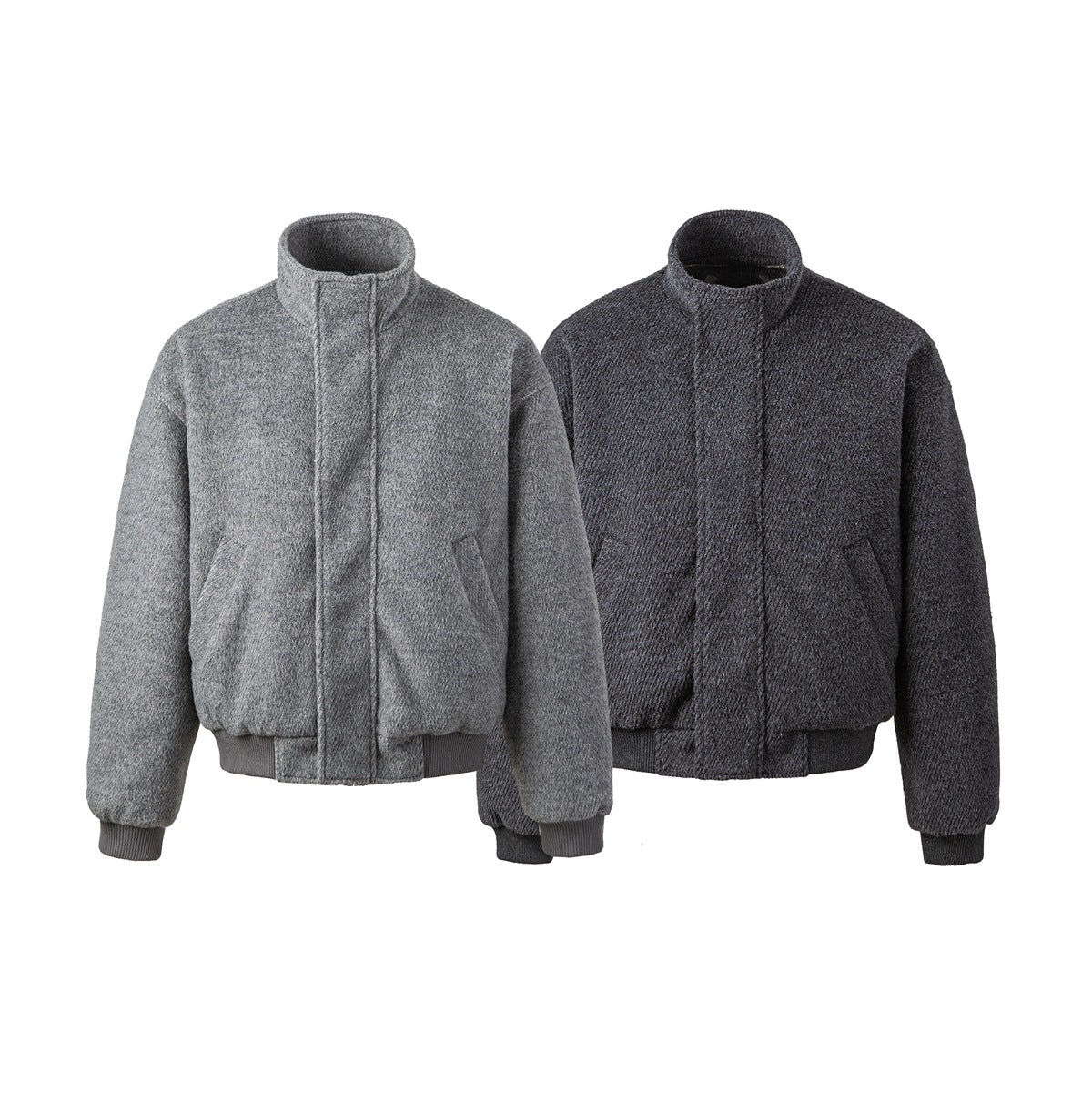 Two front-view jackets with stand collars, pockets, and ribbed trims, in light gray and charcoal.