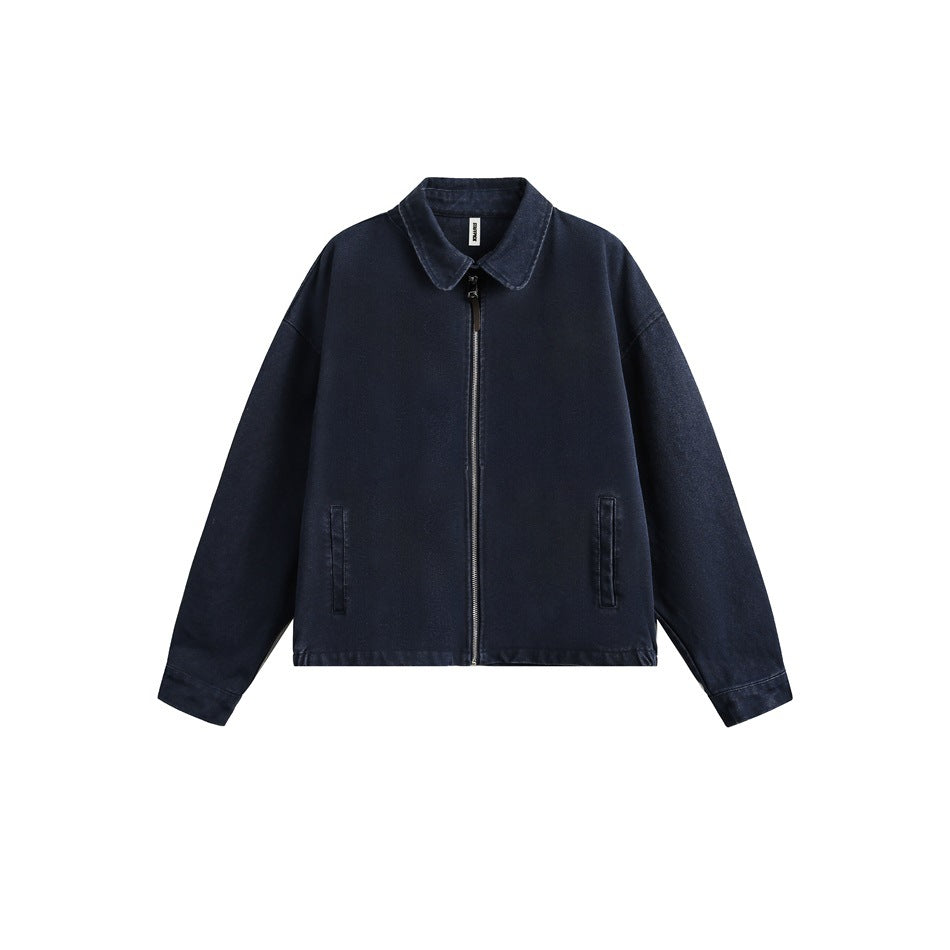 Navy blue washed-look zip-front jacket with pointed collar and slit pockets, flat front view
