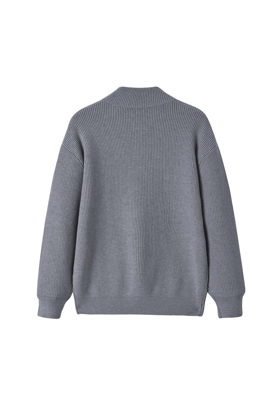 Back view of a gray rib-knit sweater with a stand collar, long sleeves, and ribbed cuffs and hem.