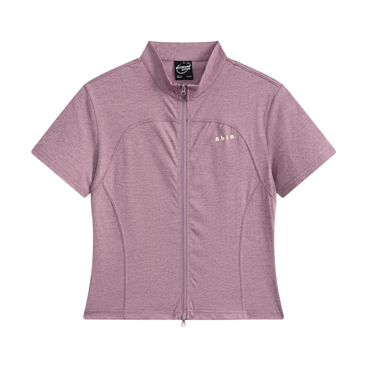 Dusty pink heathered short-sleeve zip-front top with stand collar, flat lay front view
