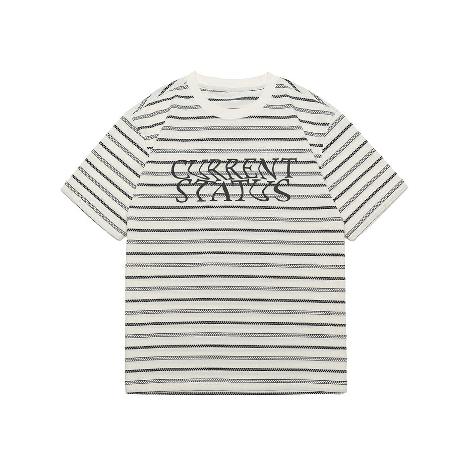 Cream striped short-sleeve T-shirt with dark textured stripes and a printed CURRENT STATUS graphic on the chest