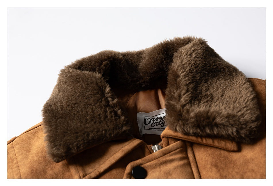 Close-up of a brown jacket with a thick dark plush collar, inner neck label, and front fastening.