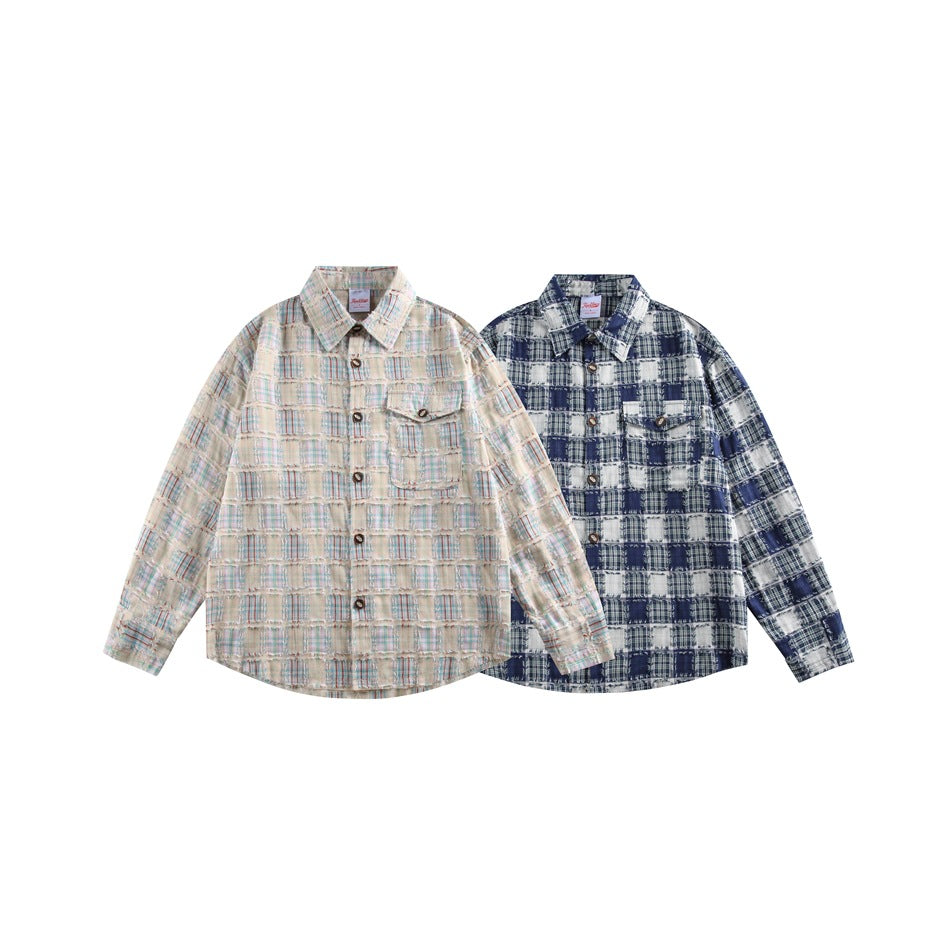 Two flat-laid button-front plaid shirts: one cream with pastel lines and one navy and white.