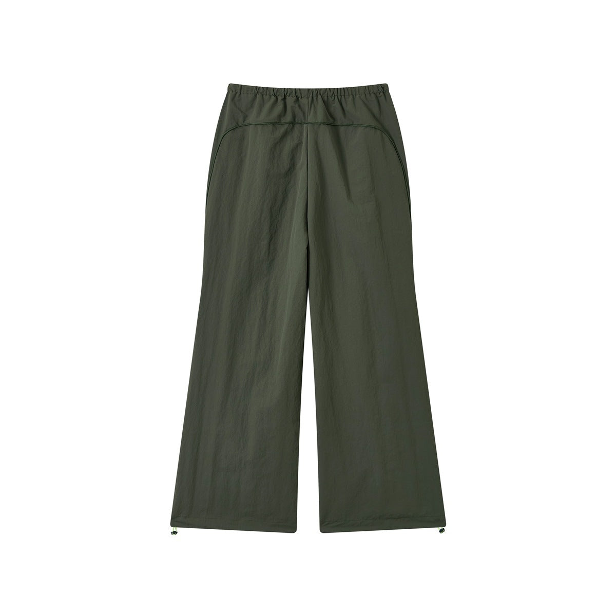 Back view of dark olive wide-leg pants with an elastic waist and curved yoke seam.