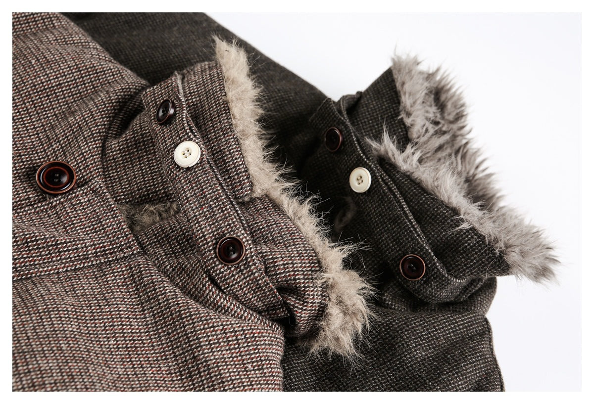 Close-up of jacket collars with faux fur, textured fabric and contrasting buttons in two brown shades.