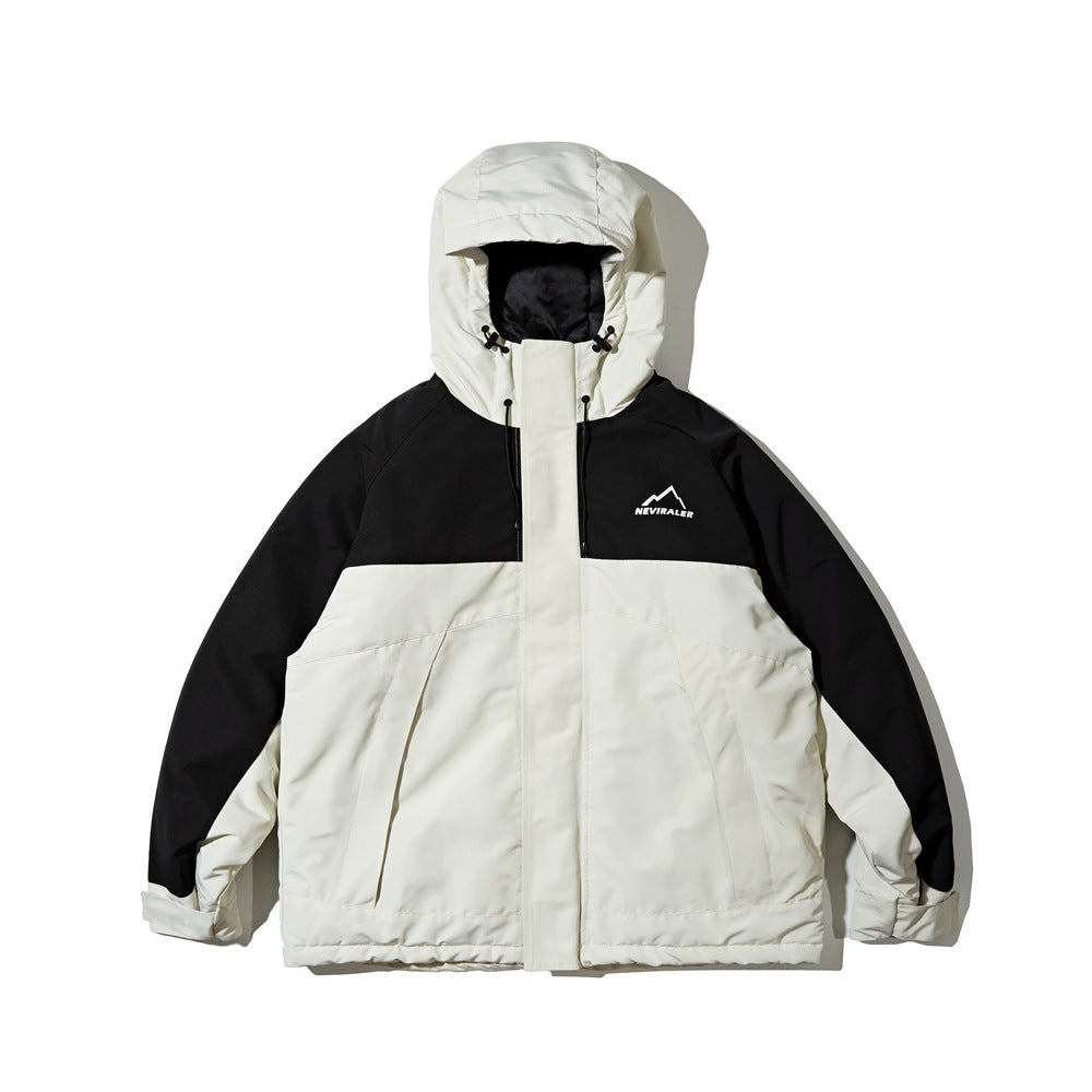 White and black color-block hooded padded jacket, front view on a plain light background