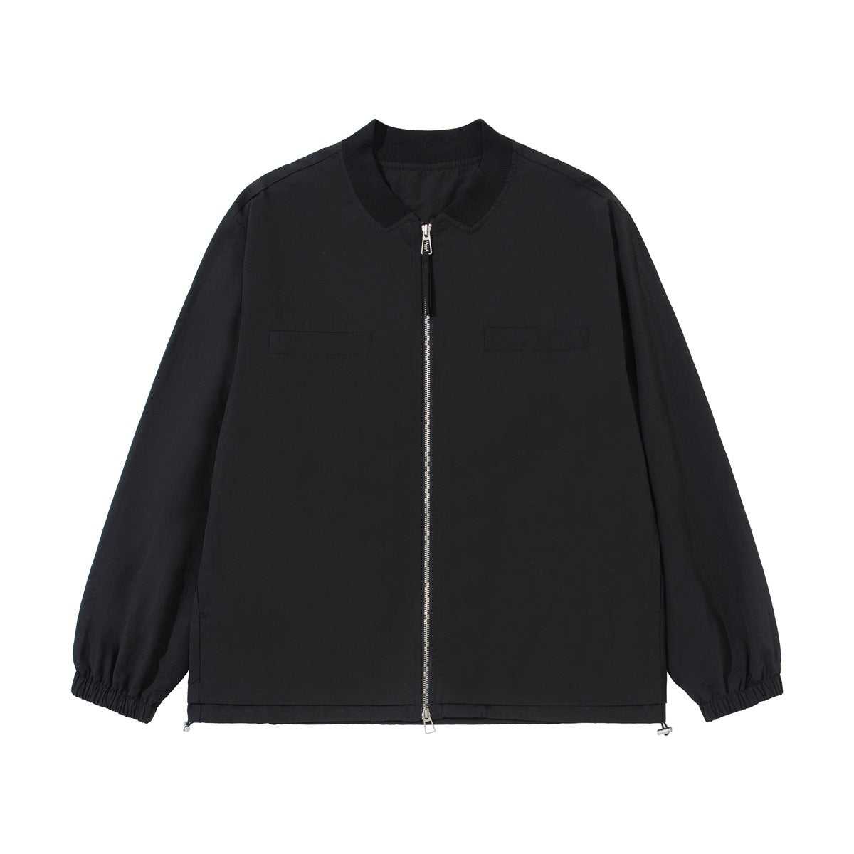 Black zip-front jacket with ribbed stand collar, chest flap pockets, elastic cuffs and drawcord hem, flat front view