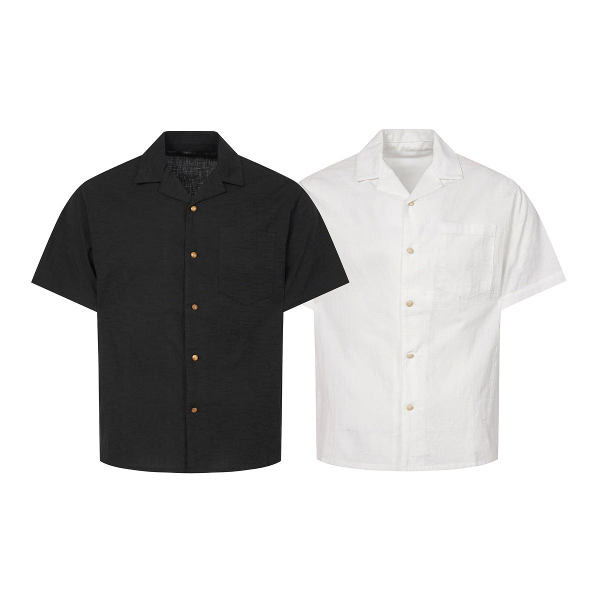 Black and white short-sleeve button-up shirts displayed from the front, each with a notched collar and chest pocket.