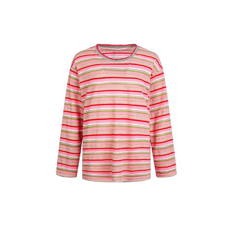 Long-sleeve crew-neck top with horizontal pink, red, green and white stripes, shown against a white background.