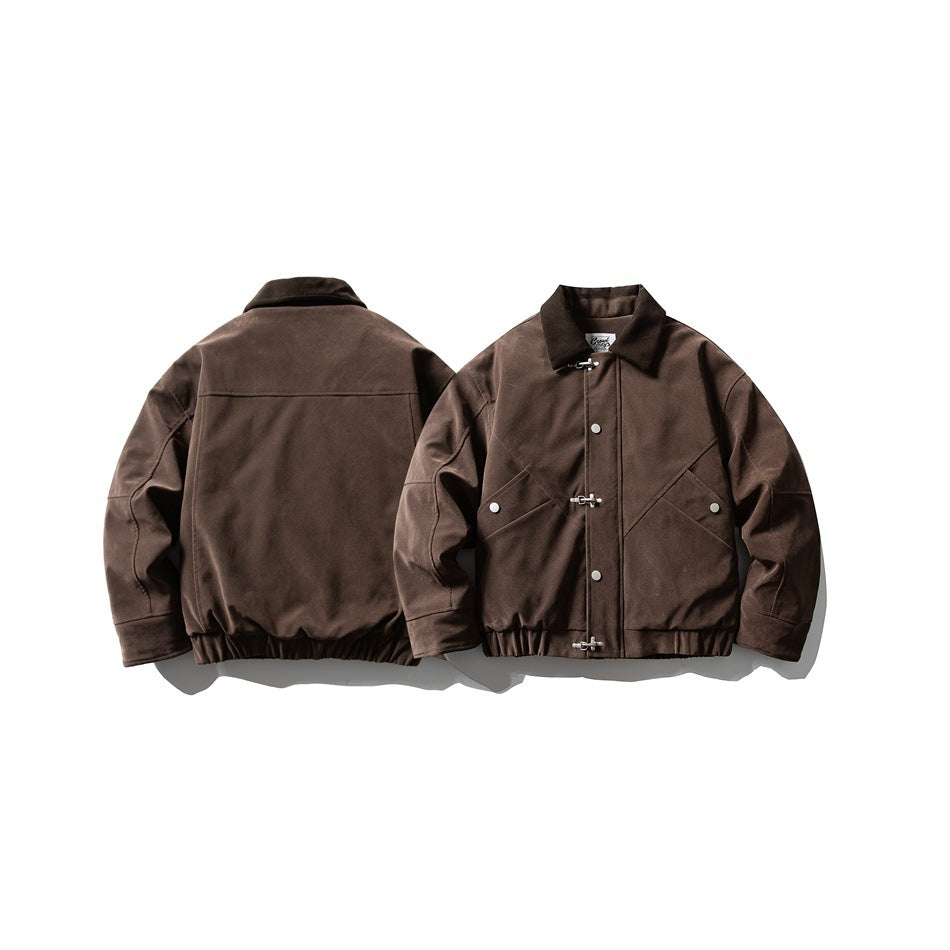 Dark brown jacket shown flat from the front and back, with a collar, metal closures, snap pockets, and gathered hem.