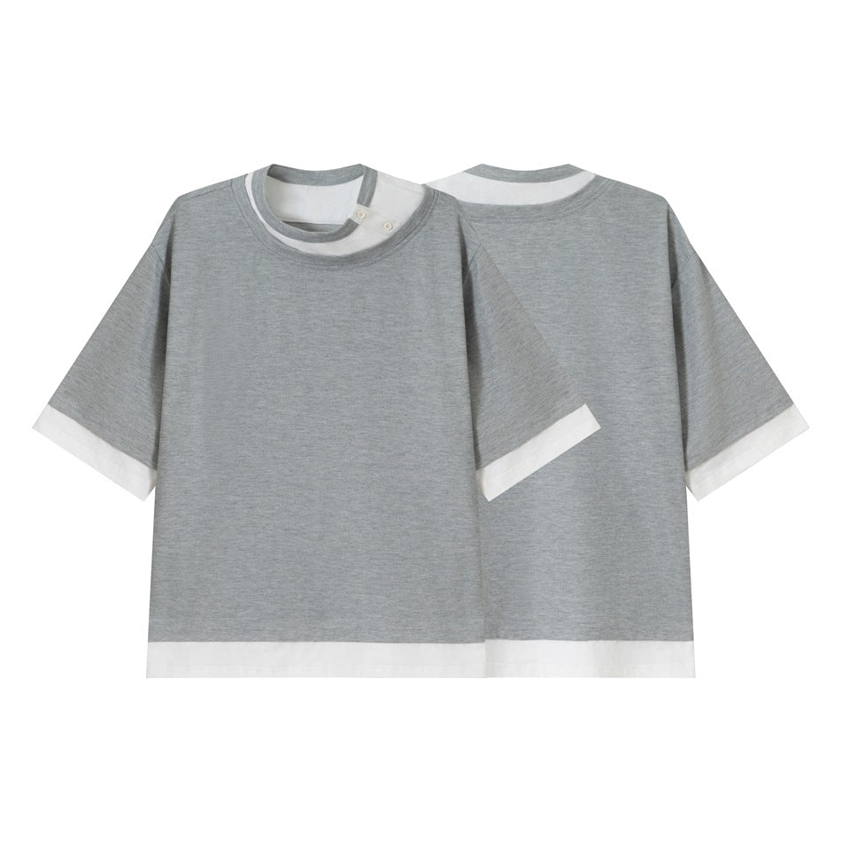 Gray short-sleeve T-shirt shown from front and back, with a white layered neckline, button detail, sleeve cuffs, and hem.