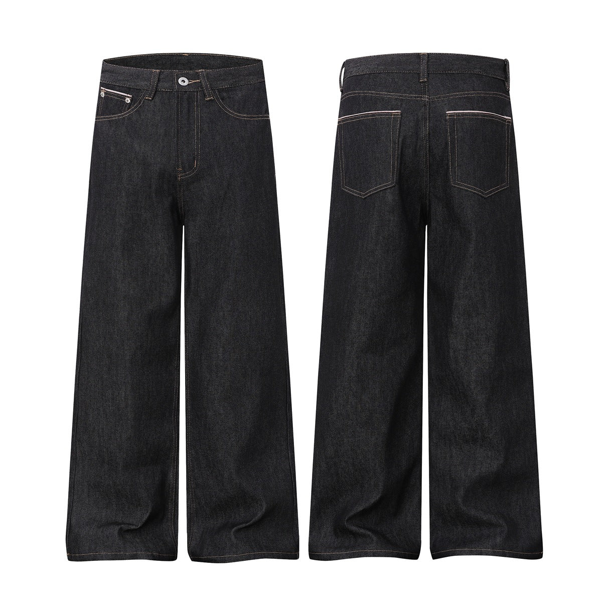 Black wide-leg jeans shown from the front and back, with tan contrast stitching and five-pocket styling.