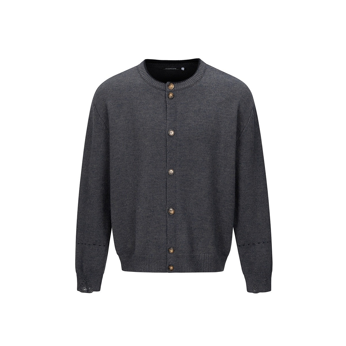 Dark gray knit button-front crew neck cardigan with ribbed trim and distressed cuffs, flat front view