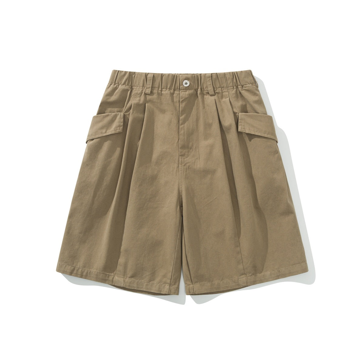 Khaki knee-length wide-leg shorts with elastic waist, button front, pleats and large flap side pockets, flat lay