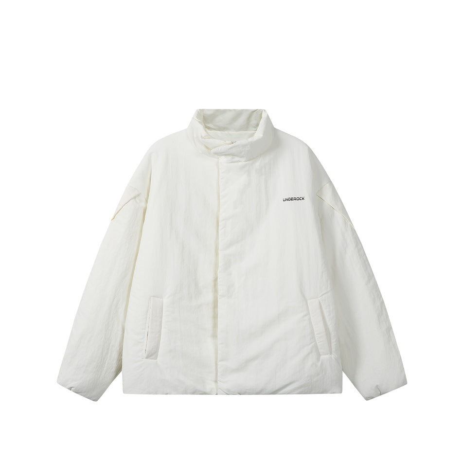 Off-white stand-collar padded-look jacket, front flat view with slanted side pockets