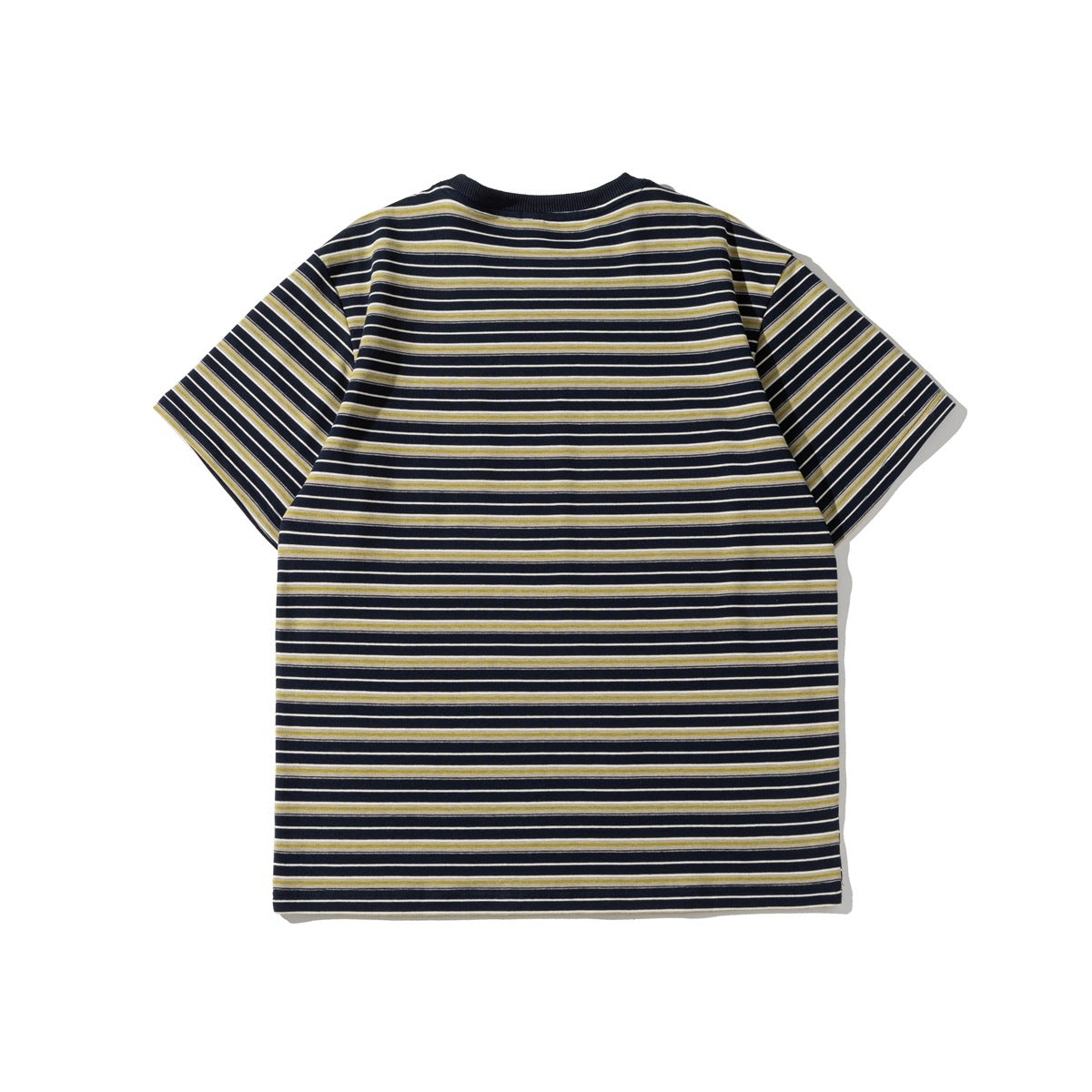 Back view of a navy short-sleeve T-shirt with thin white and yellow horizontal stripes.