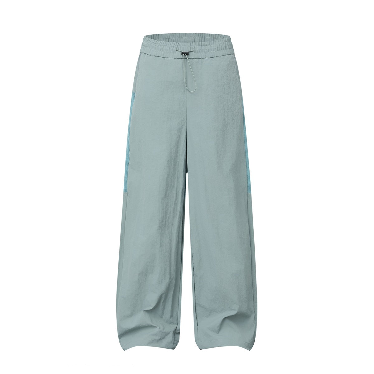 Teal-green wide-leg pants with elastic drawcord waist and a light blue contrast side panel, front flat view