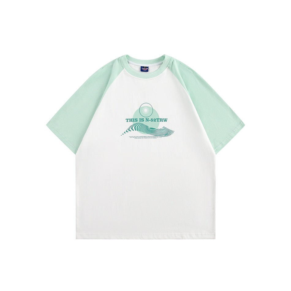 White short-sleeve raglan T-shirt with mint green sleeves and collar and a green wave graphic on the chest