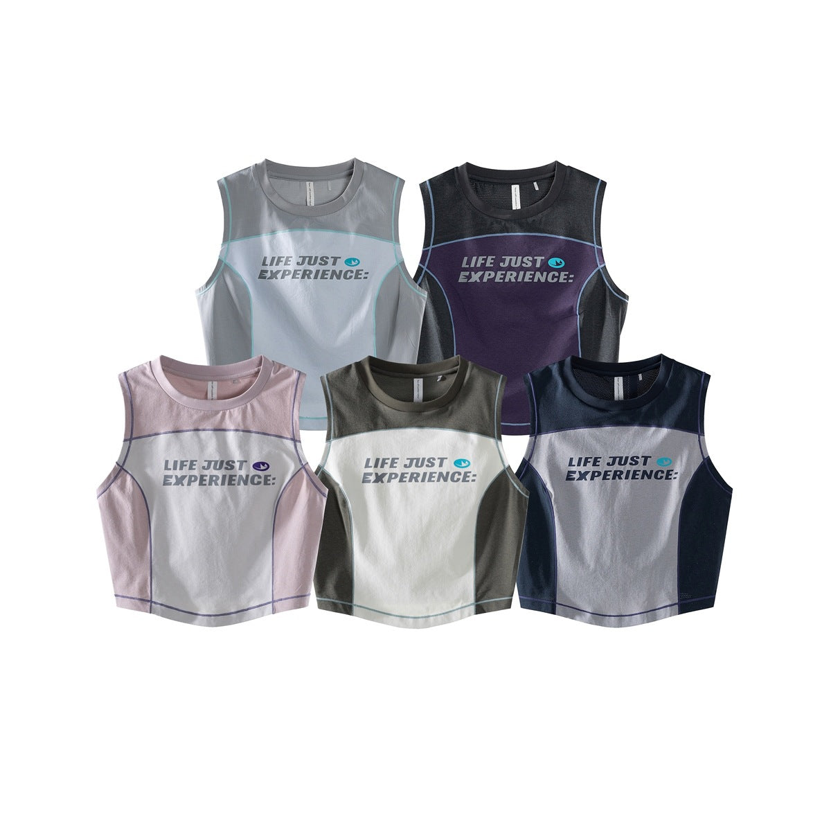 Five sleeveless crop tops displayed together in gray, black and purple, pink and white, olive and white, and navy and white.