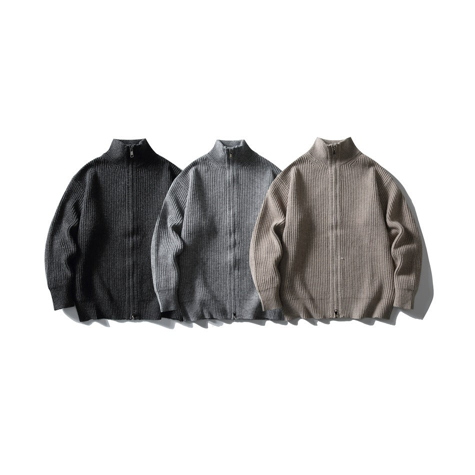 Three front views of a rib-knit zip cardigan in black, gray, and taupe.