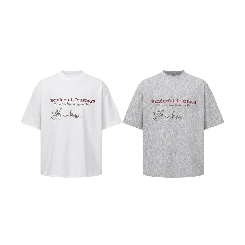 White and heather gray oversized T-shirts shown side by side, each with the same chest graphic.