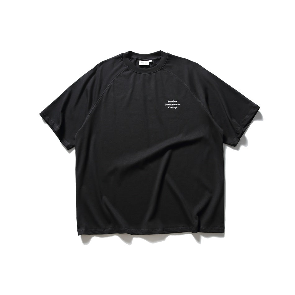 Black short-sleeve raglan T-shirt shown flat from the front, with small white English text on the chest.