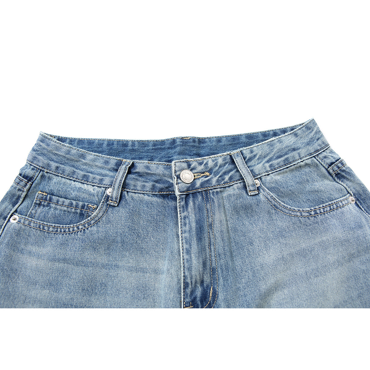 Close-up of light blue denim shorts showing the waistband, button, belt loops, fly, and front pockets.