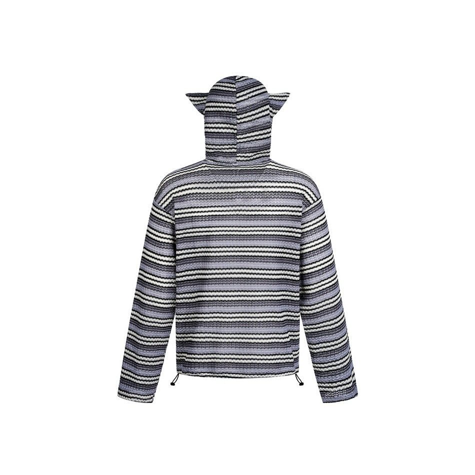 Back view of a striped hooded pullover in black, gray, and cream, with pointed hood details and a drawcord hem.