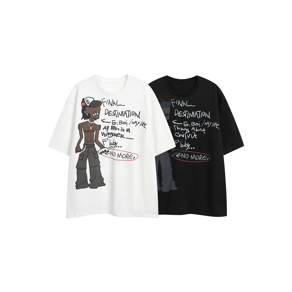 White and black oversized graphic T-shirts shown together, each with a cartoon figure and handwritten-style text.