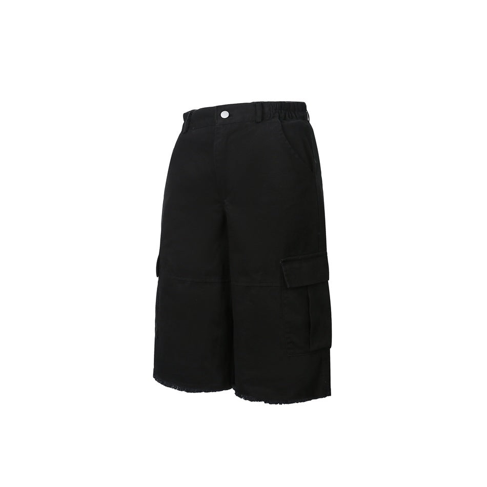 Black cargo shorts shown at a three-quarter angle with side flap pocket, button waist and frayed hem