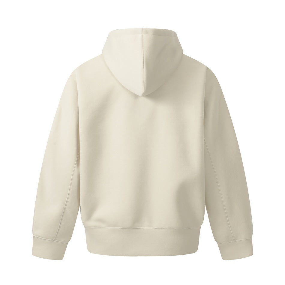 Back view of a plain cream hooded sweatshirt on a white background.