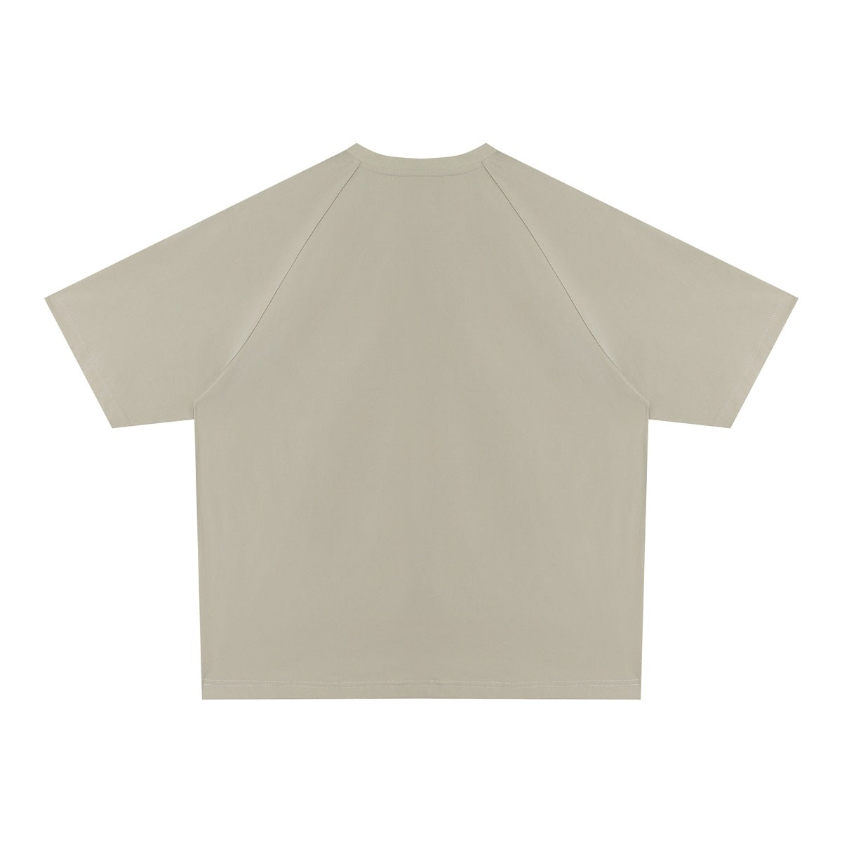 Taupe short-sleeve raglan crew-neck T-shirt laid flat, shown from the front.