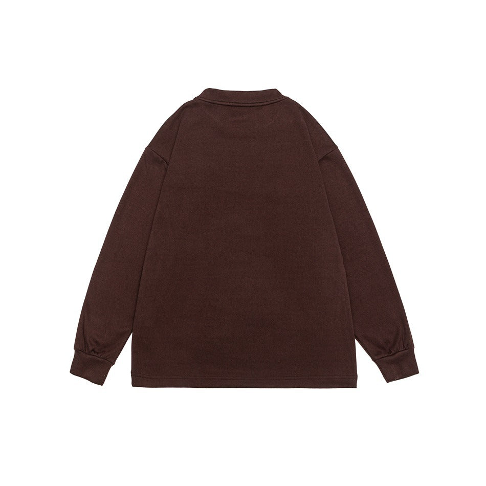 Flat rear view of a brown long-sleeve crewneck sweatshirt with ribbed collar and cuffs.
