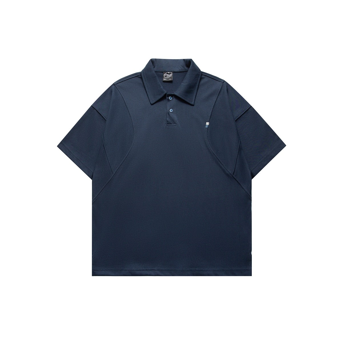 Navy blue short-sleeve polo shirt, front view, with blue buttons and curved seam panels