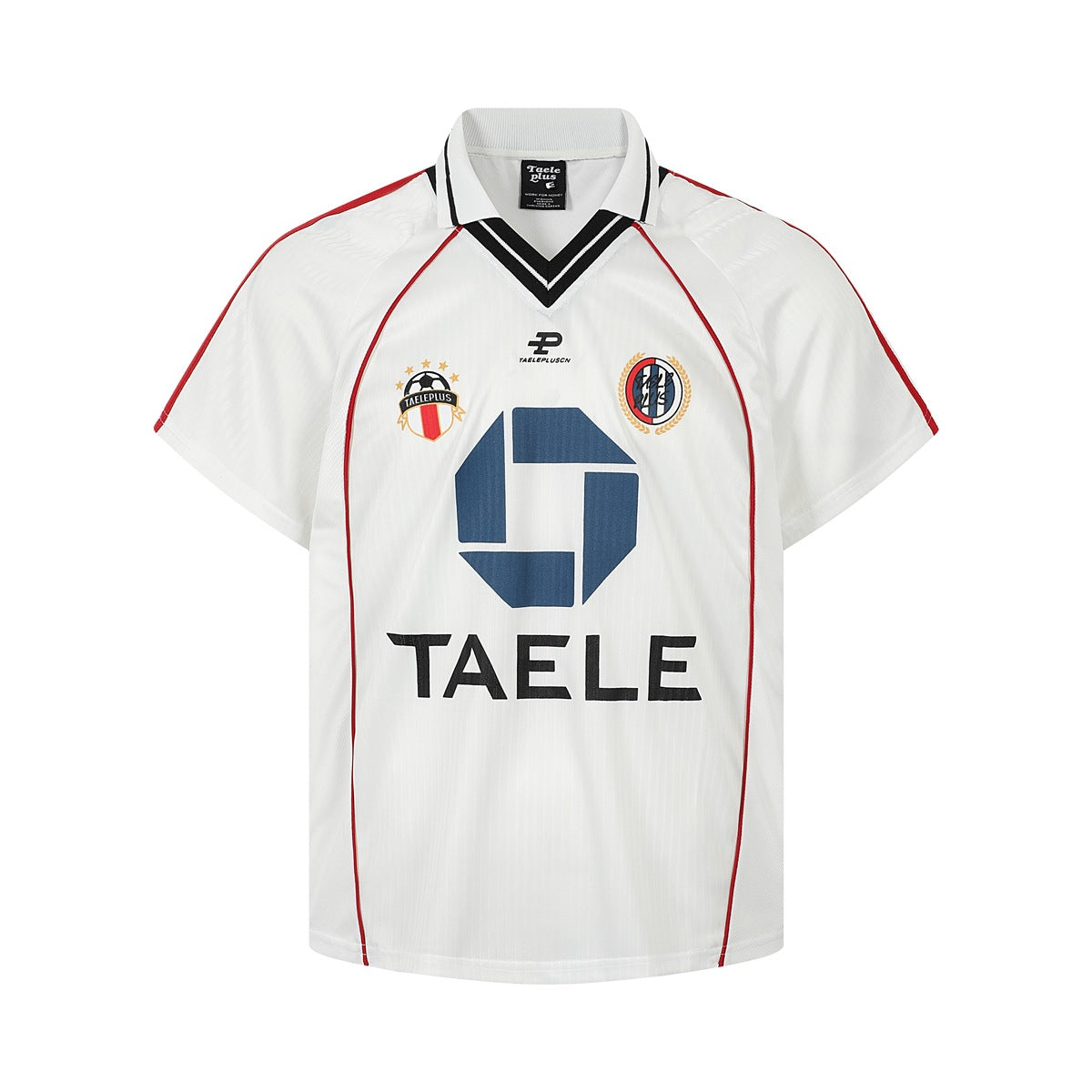 White short-sleeve retro jersey with black V-neck collar, red raglan piping, chest crests and large blue graphic