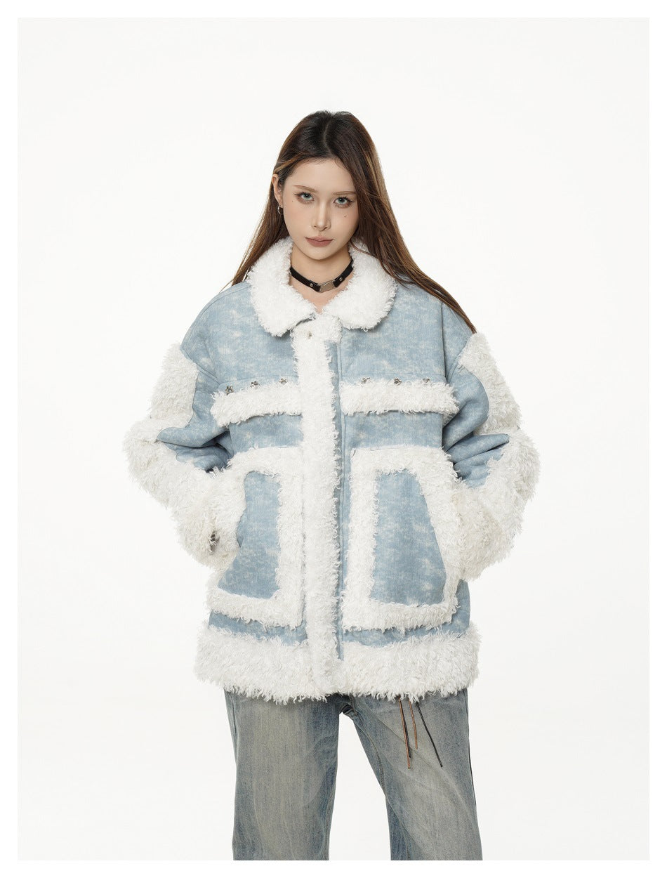 Front view of a model wearing a light blue jacket with white shaggy trim, flap pockets, and a wide collar.