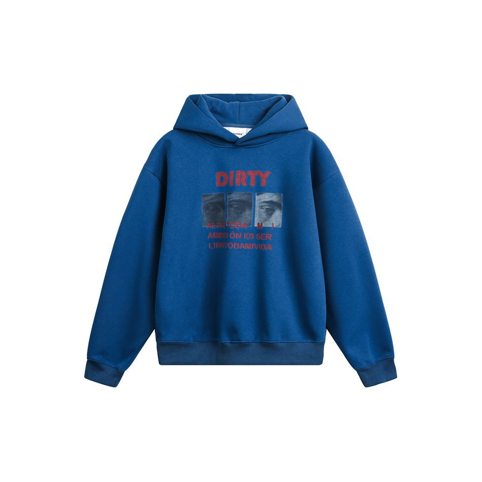 Royal blue pullover hoodie flat lay with red DIRTY print and three eye image panels on the chest