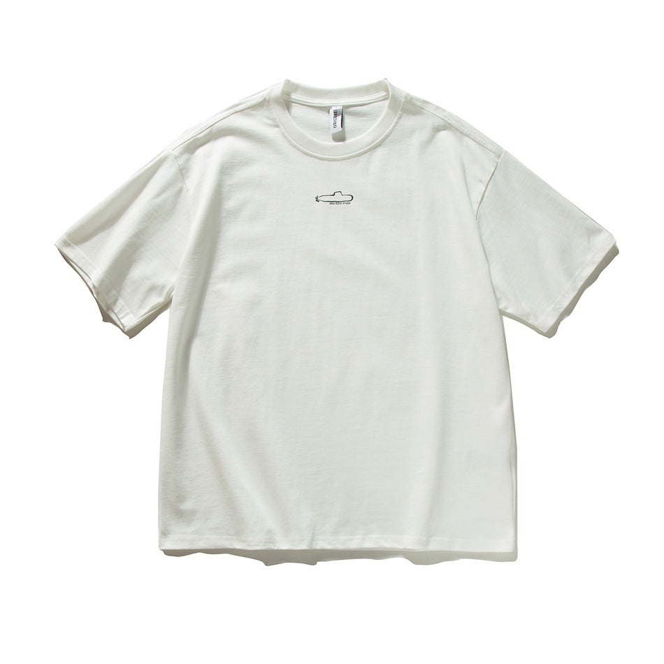White short-sleeve crew-neck T-shirt with a small submarine outline print at the center chest, flat lay front view