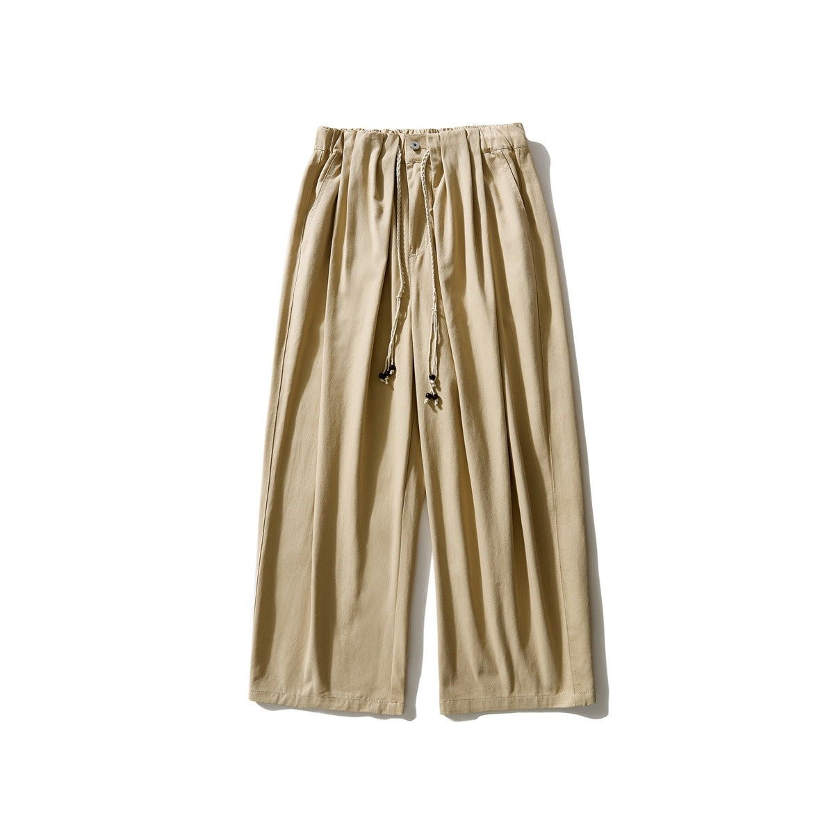 Khaki wide-leg pleated pants with elastic waist, button and braided beaded drawcord, flat lay front view