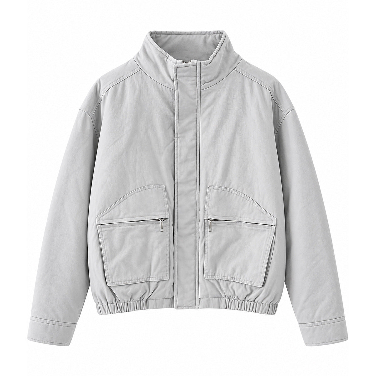 Light gray stand-collar bomber jacket flat lay with two large zip flap pockets and elastic hem