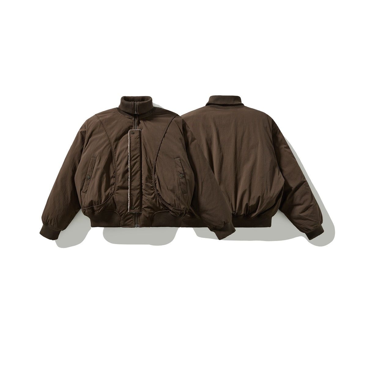 Dark brown jacket shown from the front and back side by side against a white background.