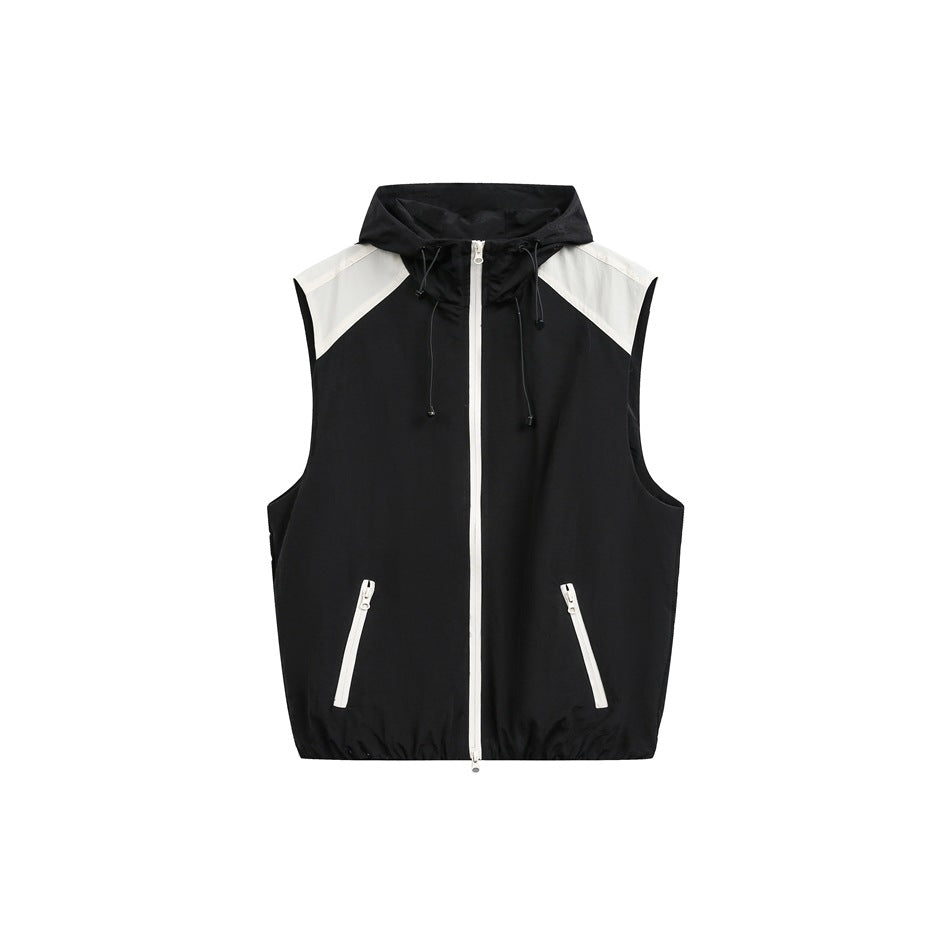 Black sleeveless hooded zip vest with off-white shoulder panels, white zipper trim and drawcords, front view