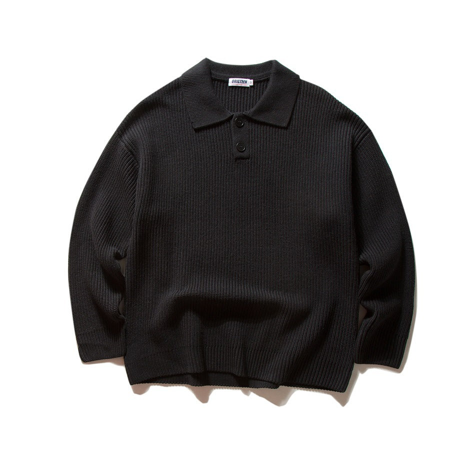 Black ribbed knit polo-collar sweater with two buttons, flat lay front view
