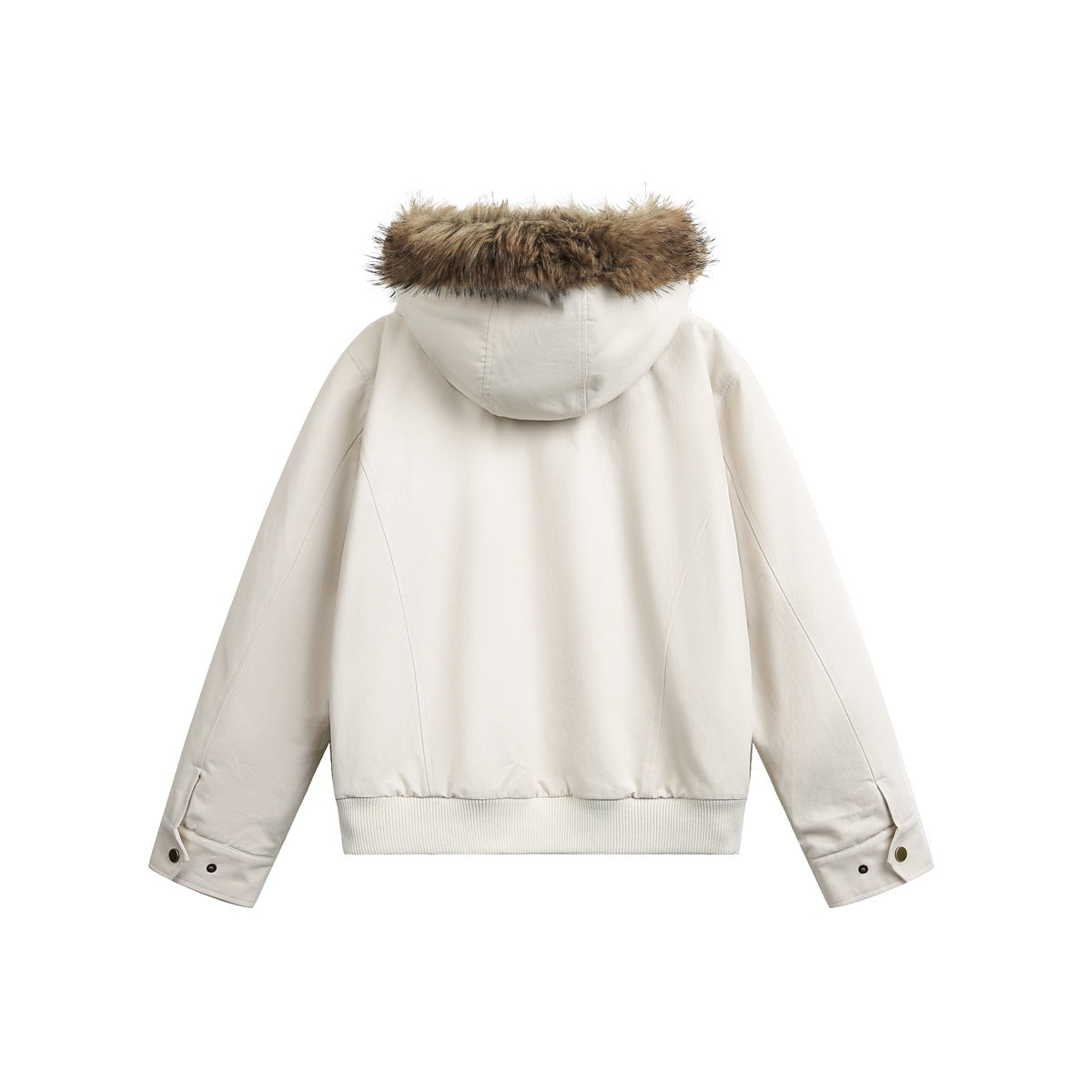 Back view of an ivory hooded jacket with brown faux-fur trim, ribbed hem and snap-tab cuffs.