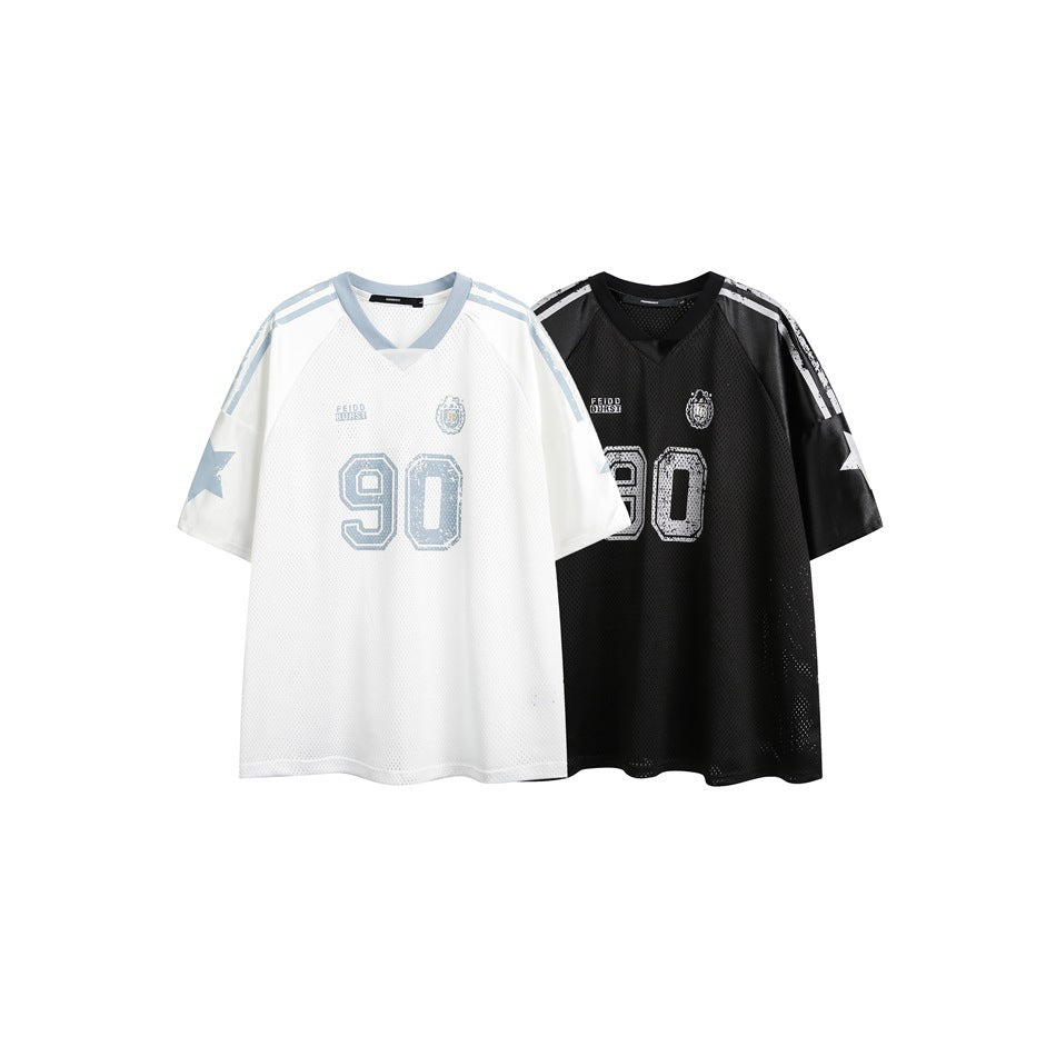 White and black mesh jerseys displayed together, both with star sleeve graphics and a large number 90.