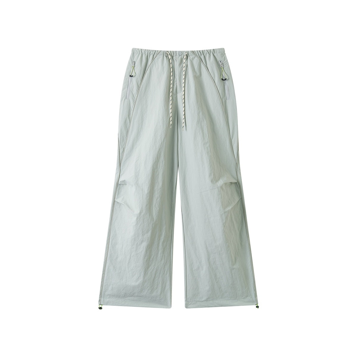 Light gray wide-leg pants with elastic drawcord waist, curved piping, zip pockets and hem toggles, front flat lay