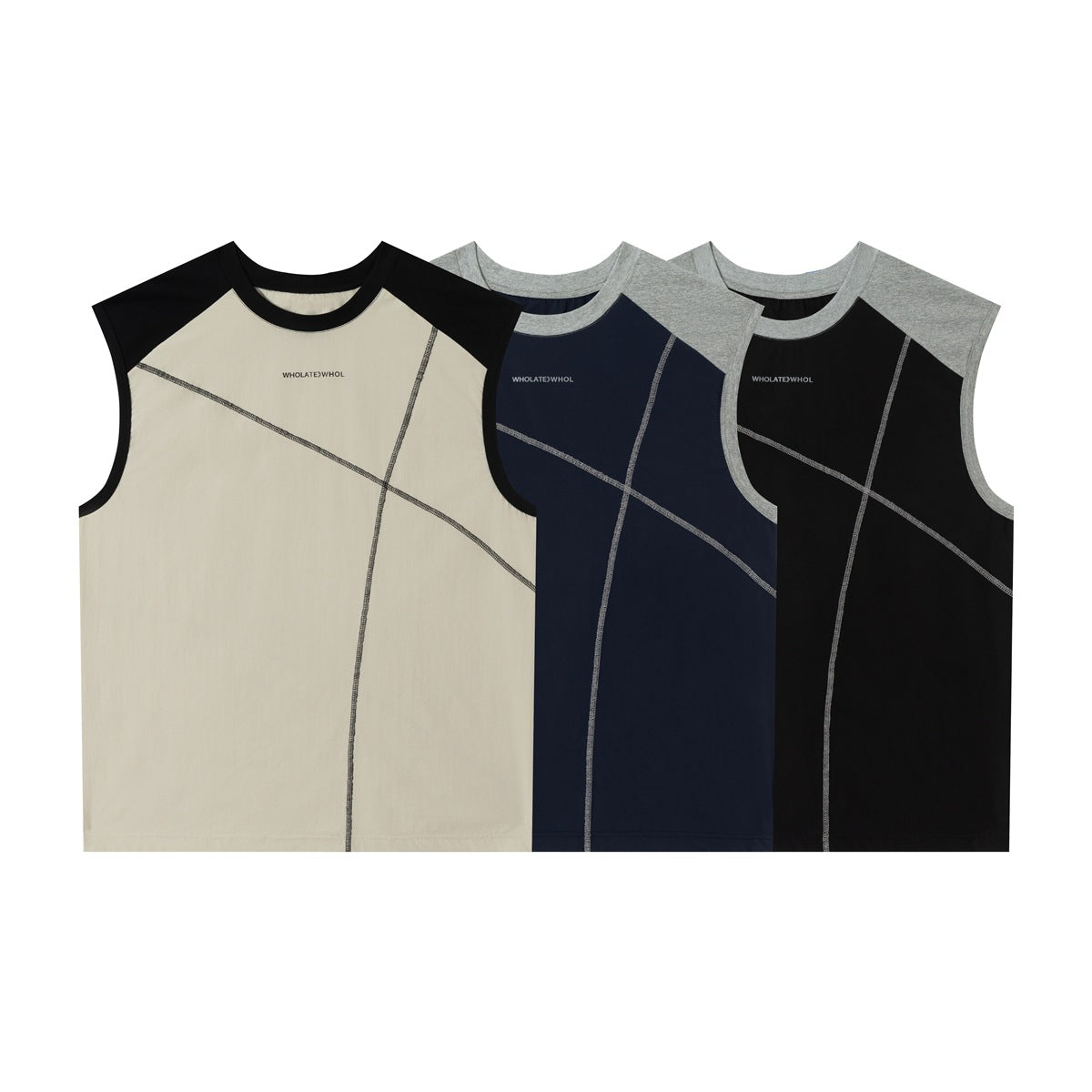 Three sleeveless tops shown from the front in cream with black trim, navy with gray trim, and black with gray trim.