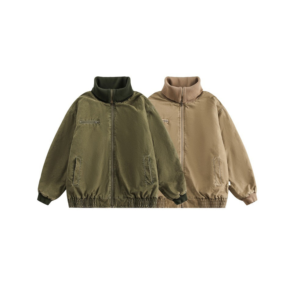 Two zip-front jackets shown together: one olive green and one light tan, both with high collars and pockets.